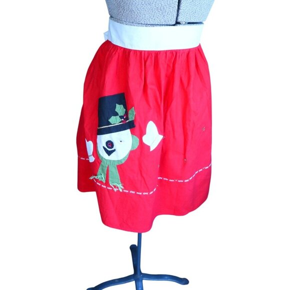 Vintage Christmas Apron Appliqued Snowman Red Cotton - Picture 2 of 4